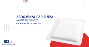Abdominal pad sizes guide featuring a sterile absorbent dressing for wound care